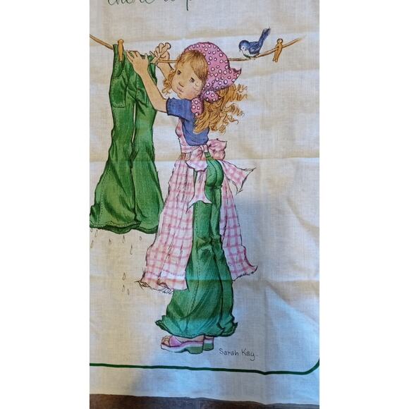 Irish Linen Cotton Sarah Kay Tea Towel Love Chores Retro Girl Bluebird 70s - Picture 3 of 7
